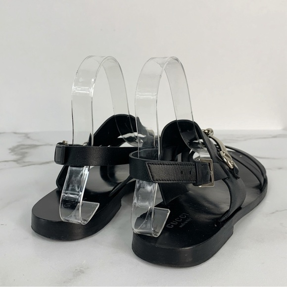 GUCCI Juliette Black Leather Horsebit Open Toe Flat Strappy Summer Sandals 38.5 - Picture 9 of 13